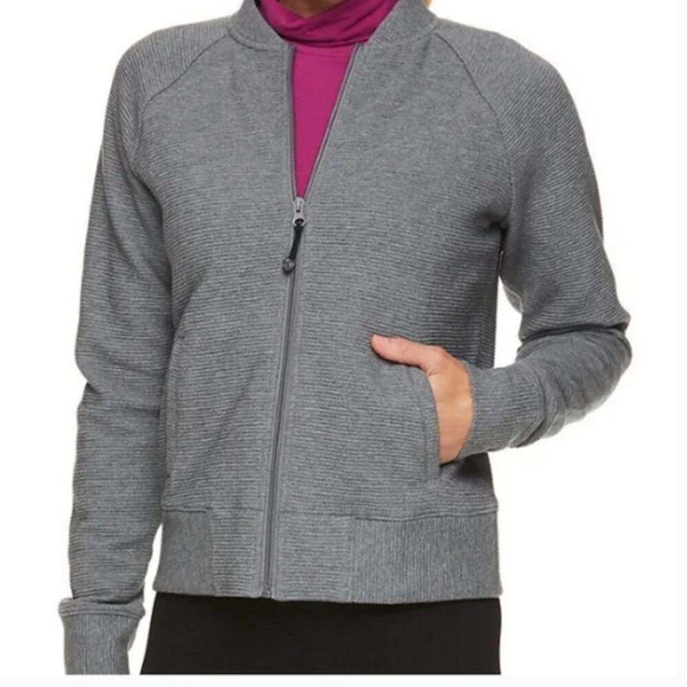 Gaiam Mercer Bomber Zip Up Sweatshirt Size S Grey Ribbed Pockets Yoga